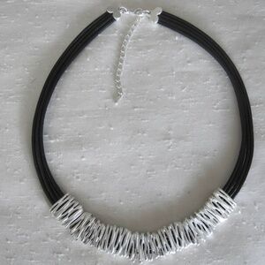 Mate Silver Tone and Black Rubber Cord Choker Necklace.